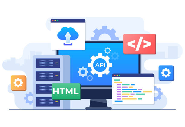 application programming interface concept, api provides the interface for communication between applications, software development tool, internet and networking, simplifying application integration - 系統(tǒng)軟件 幅插畫檔、美工圖案、卡通及圖標